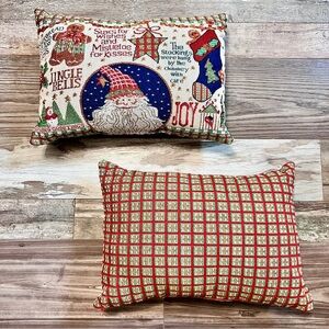 Vtg Christmas Tapestry Decorative Throw Pillows (2)  18x12” Plaid Woven Holiday